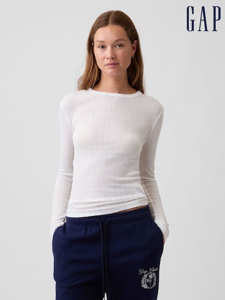 Weiß - Gap Essential Ribbed Pointelle Long Sleeve T-shirt