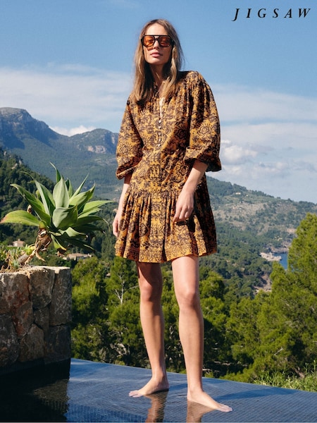 Yellow - Jigsaw Batik Cotton Button Mini Dress