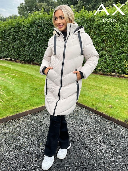 AX Paris Hooded Long Line Puffer Black Coat (E39796) | ₪453