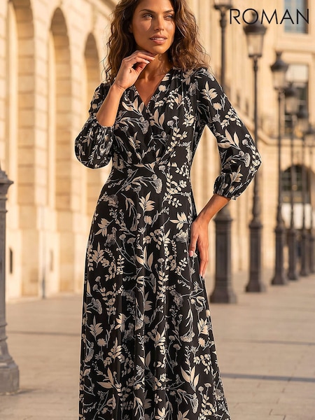 Black - Roman Floral Print Midi Dress