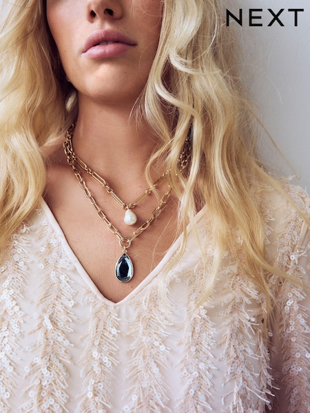 Gold Tone Two Row Vintage Necklace Made With Recycled Steel (E39921) | AED38