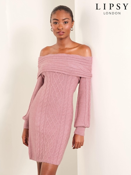 Розовый - Lipsy Off The Shoulder Knitted Long Sleeve Mini Dress (E39986) | €28