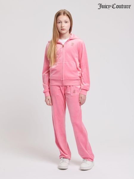 Juicy Couture Pink Girls Diamanté Zip-Through Wide Leg Joggers Tracksuit Set (E40054) | €153 - €184