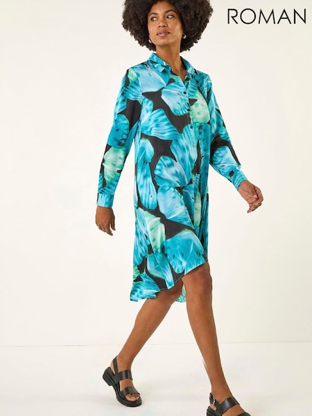 Blue - Roman Abstract Print High Low Shirt Dress