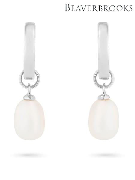 Silver Tone - Beaverbrooks Freshwater Pearl Hoop Drop Earrings