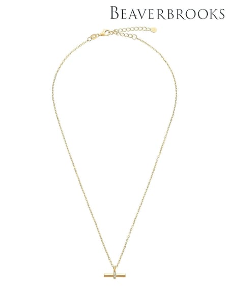 Gold - Beaverbrooks Yellow Plated Cubic Zirconia T-bar Necklace
