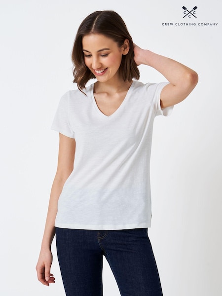 Crew Clothing White Perfect V-Neck Slub White 100% Cotton T-Shirt (E40487) | €31