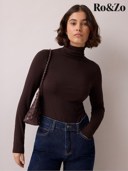 Brown - Ro&zo Cotton Blend Roll Neck Top