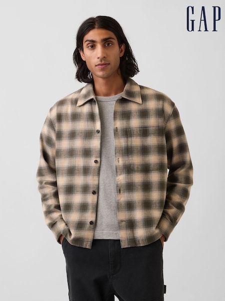 Green & Beige Check - Regular Gap Relaxed Straight-hem Flannel Shirt
