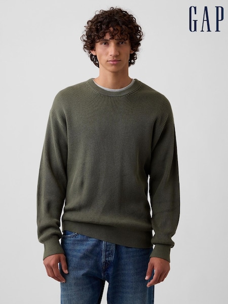Green - Regular Gap Relaxed Fisherman Stitch Crew Neck Jumper