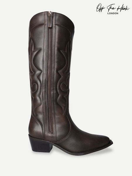 Brown - Off The Hook Vega Leather Western Knee High Boots With Cuban Heels