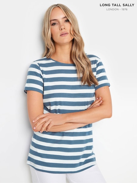 Blue - Long Tall Sally 100% Cotton Charcoal Striped Top (E40904) | 142 LEI