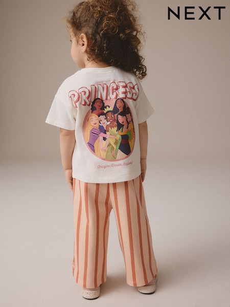 Cream 100% Cotton Disney Princess Short Sleeve T-Shirt And Wide Leg Trousers Set (3mths-7yrs) (E41049) | 89 QAR - 109 QAR