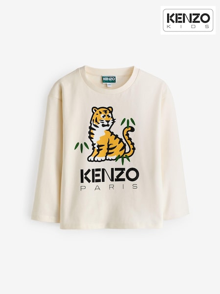 KENZO KIDS Cream Varisty Tiger Print Logo Long Sleeve T-Shirt (E41209) | €44.50 - €57