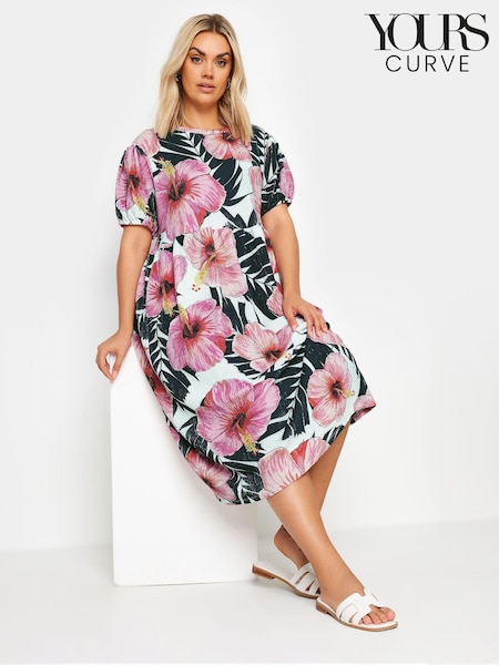 Yours Curve White Leaf Crinkle Smock Dress (E41291) | €47