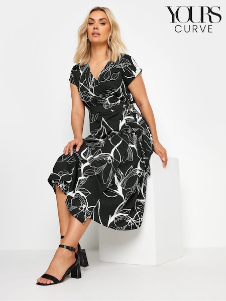 Yours Curve Black Leaf Crinkle Midi Wrap Dress (E41337) | €49