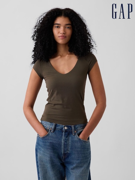 Brown - Gap Close Knit Jersey V-neck T-shirt