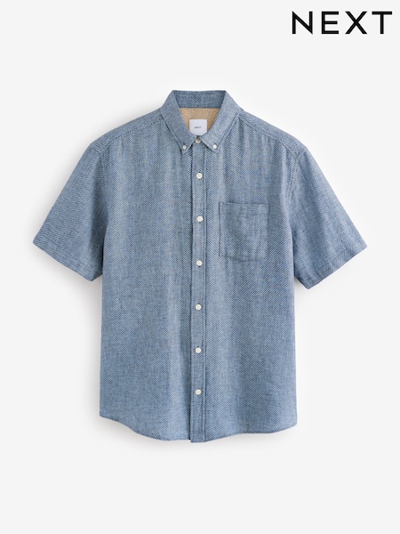 כחול כהה - צווארון רגיל - Cotton Linen Blend Short Sleeve Shirt (E41387) | ‏96‏₪
