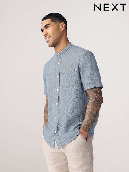ネイビー ブルー - グランダッドカラー - Cotton Linen Blend Short Sleeve Shirt (E41388) | ¥ 5,070