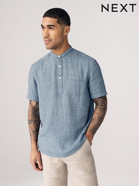 Navy Blue Overhead Cotton Linen Blend Short Sleeve Shirt (E41389) | €32