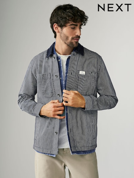 Navy Blue Stripe Corduroy Collar 100% Cotton Shacket (E41393) | €57
