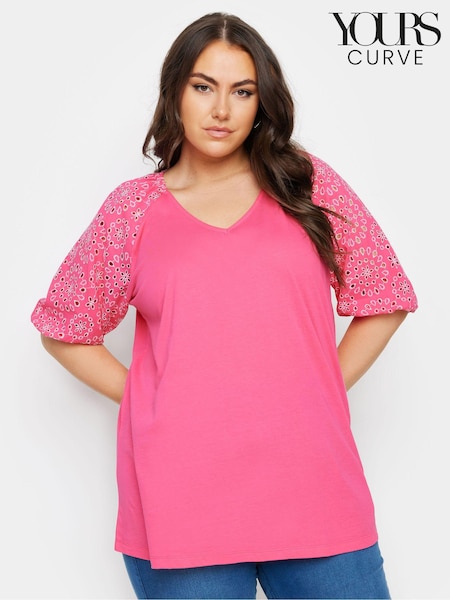 Vaaleanpunainen - Yours Curve Anglaise Sleeve 100% puuvillainen T-paita (E41462) | €32