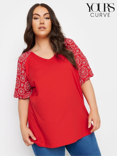 Yours Curve Red Anglaise Sleeve 100% Cotton T-Shirt (E41471) | €27