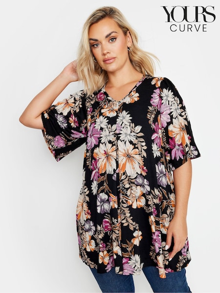 Yours Curve Black & Pink Floral Print Swing Top (E41472) | €36
