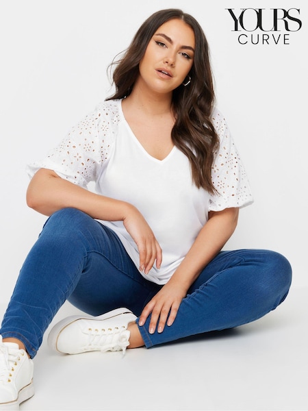 Blanco - Yours Curve Anglaise Sleeve 100% Cotton T-Shirt (E41482) | 28 €