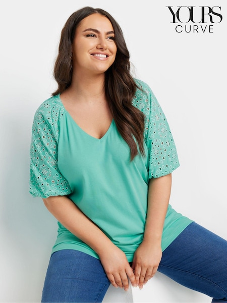 Yours Curve Blue Anglaise Sleeve 100% Cotton T-Shirt (E41486) | €29