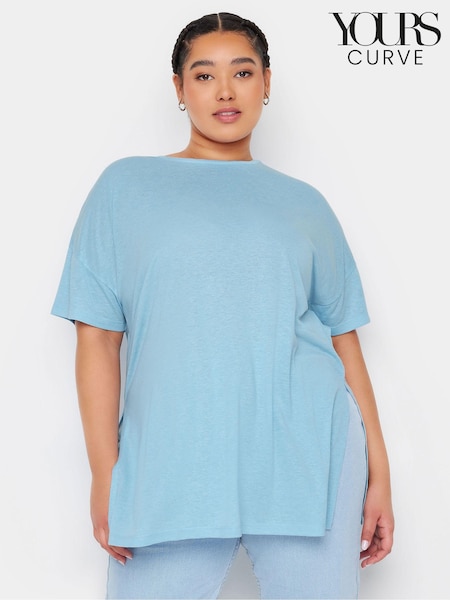 Yours Curve Blue Oversize Side Split Linen Look T-Shirt (E41488) | €24