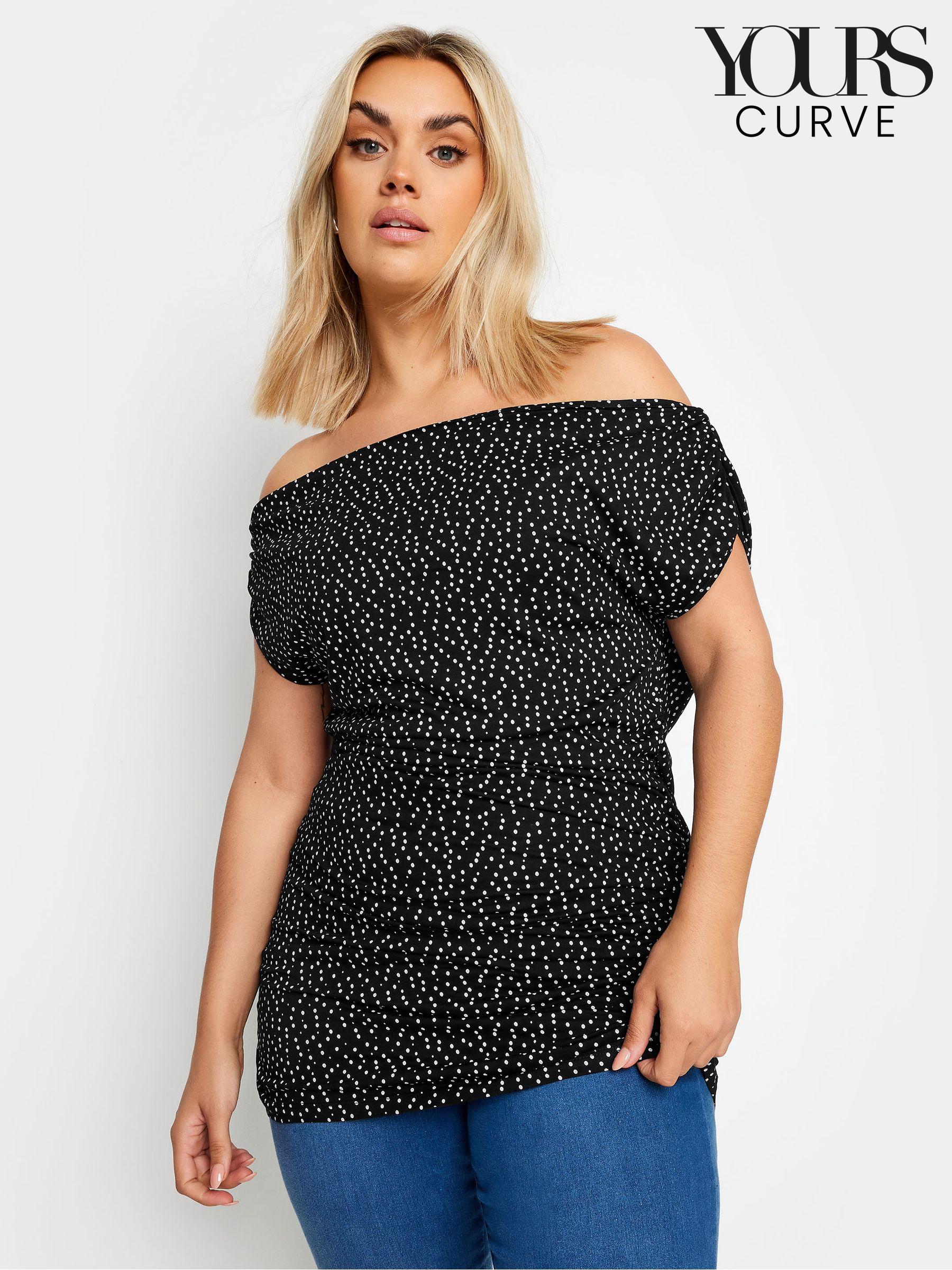 white polka dot bardot top
