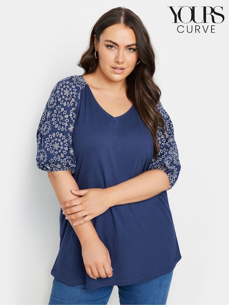 Yours Curve Blue Anglaise Sleeve 100% Cotton T-Shirt (E41501) | €25