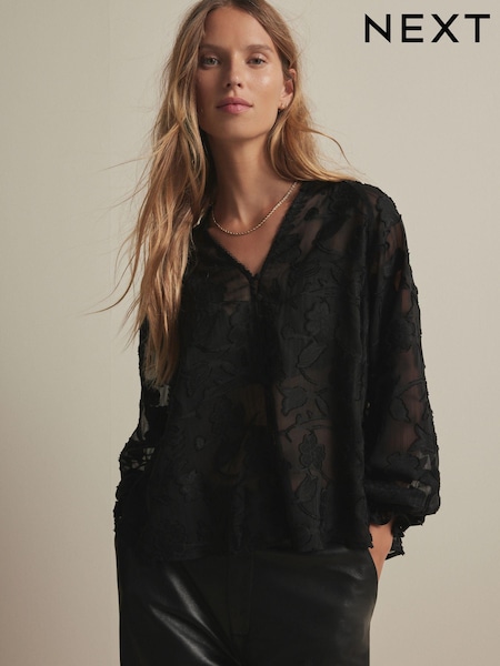 שחור - Jacquard Boho Long Sleeve Tie Neck Blouse (E41607) | ‏133‏₪