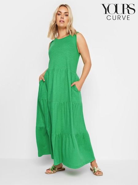 Yours Curve Green Sleeveless Ribbed Trim Tiered Midaxi 100% Cotton Dress (E41619) | €42