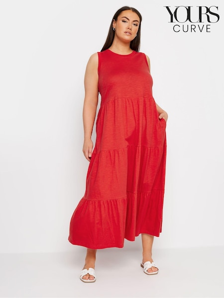 Yours Curve Red Sleeveless Ribbed Trim Tiered Midaxi 100% Cotton Dress (E41624) | kr414