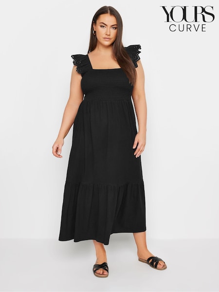 Yours Curve Black Shirred Angliase Frill Tiered Midaxi 100% Cotton Dress (E41627) | 1,862 UAH