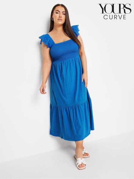Yours Curve Blue Shirred Angliase Frill Tiered Midaxi 100% Cotton Dress (E41638) | 1,862 UAH