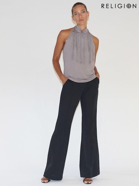 Religion Grey Halterneck Jersey Flourish Top With Fringing (E41702) | €30