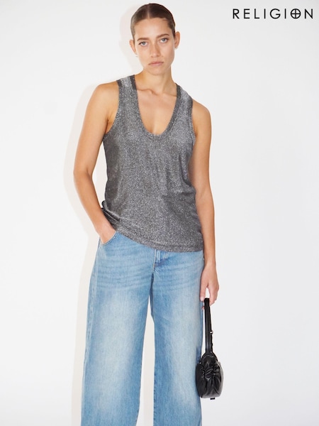 Religion Silver Metallic Tanzanite Vest Top (E41703) | €24