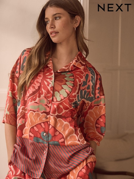 Braun/Multi Paisley Border Print - Short Sleeve Crinkle Satin Shirt (E41852) | 14 €