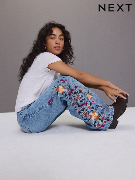 Keski Sininen - Embroidered 100% Cotton Wide Leg Jeans (E41889) | €37