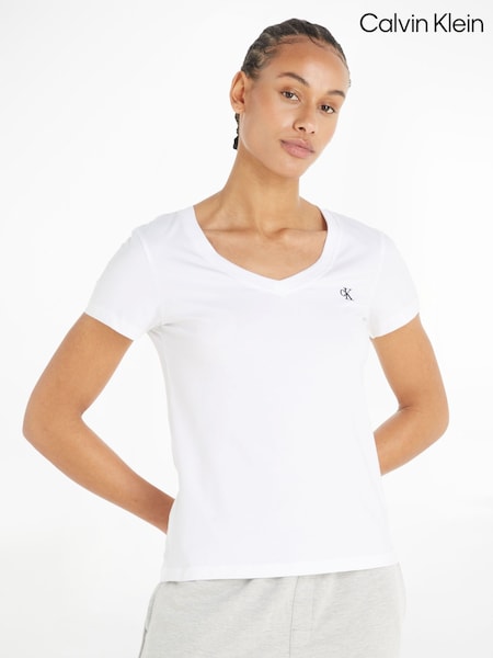 Calvin Klein White 100% Cotton Embroidery Stretch V-Neck T-Shirt (E42039) | €50