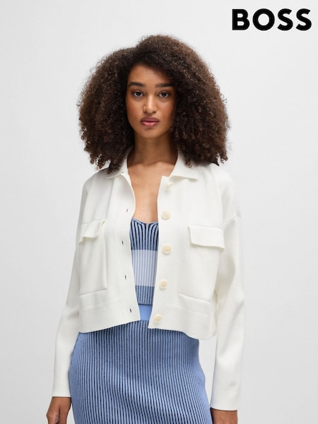 BOSS White Cropped Knitted Jacket With Flap Pockets (E42130) | €157