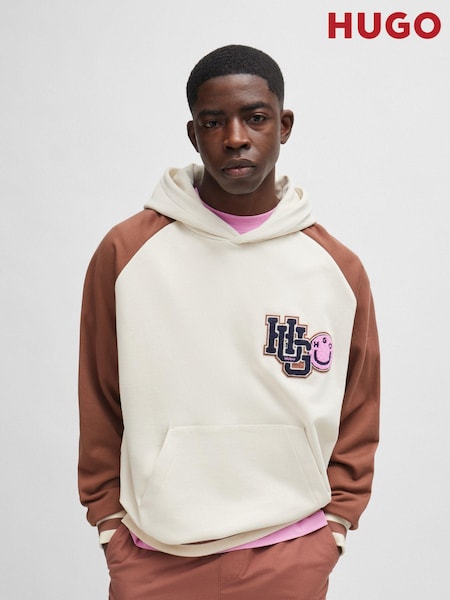 HUGO White 100% Cotton Terry Hoodie With Varsity Inspired Logo (E42183) | AED404