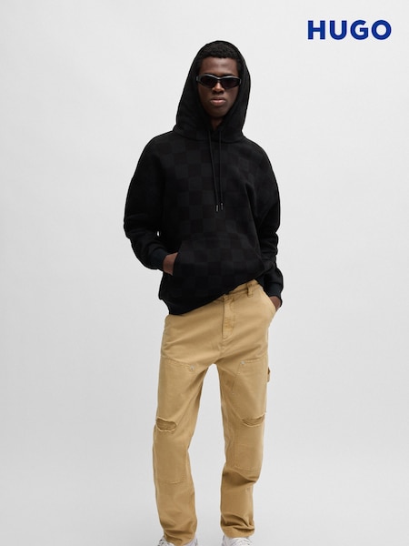 HUGO Blue Black Loose Fit Hoodie In 100% Cotton Terry With Checkerboard Print (E42187) | €92
