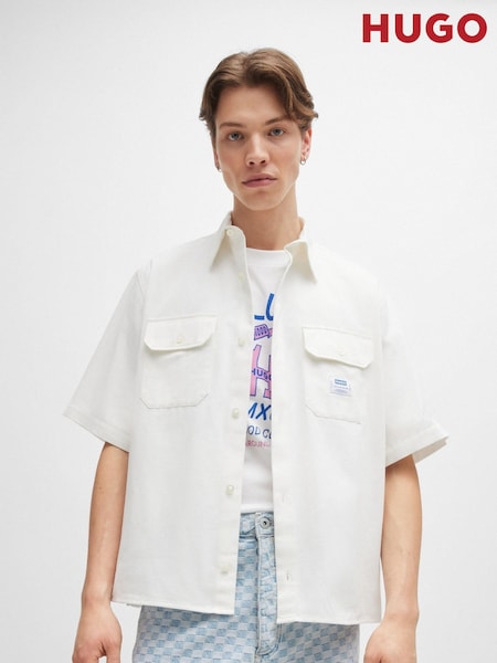 HUGO Blue White Loose Fit Logo Patch 100% Cotton Twill Shirt (E42222) | €52