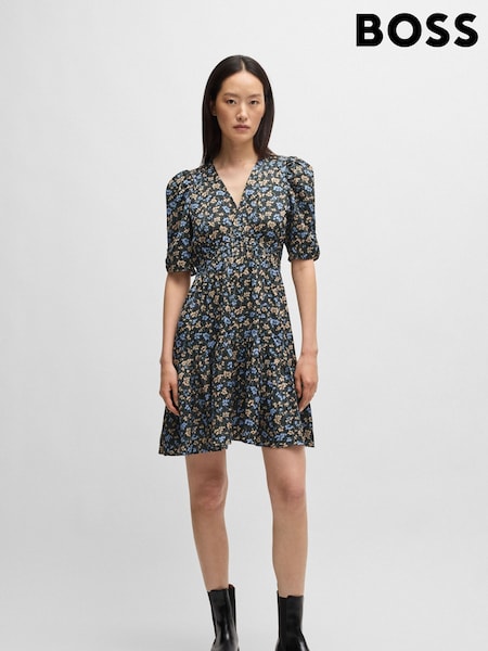 BOSS Blue BOSS V-Neck Printed Satin Dress With Gathered Sleeves (E42238) | €114