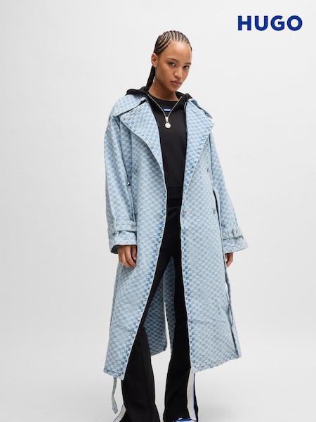 HUGO Blue Blue Long Length Denim Trench 100% Cotton Coat With Checkerboard Jacquard (E42303) | €140