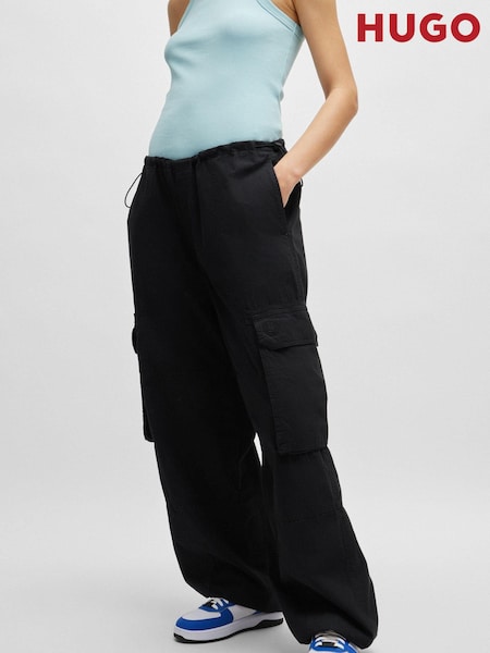 HUGO Blue Black Oversized Fit 100% Cotton Trousers in Poplin (E42306) | €91
